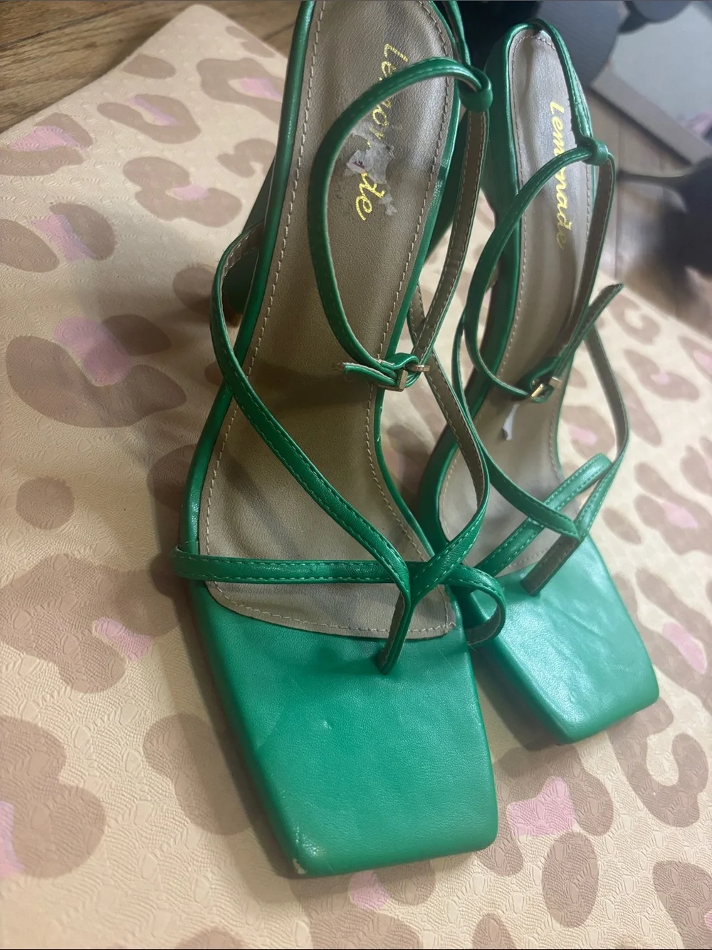 Lemon Bright Green Strappy Square-Toe Stiletto Sandals